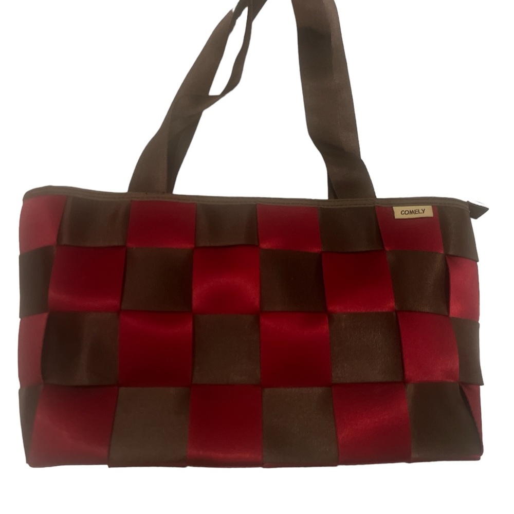 Comely, Seatbelt Purse Cabernet maroon and brown seatbelt straps woven